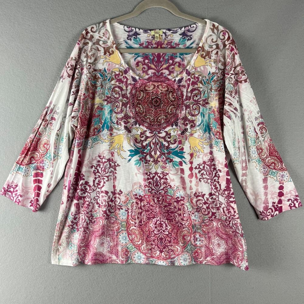 Reba Top Women 2X Burnout Southwestern Rhinestone Aztec Artsy Stretchy Patterned